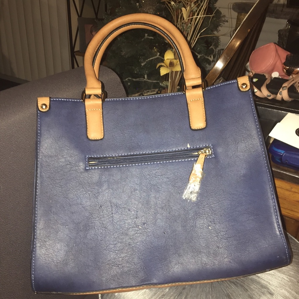 Simply Noelle blue, tan & cream satchel tote bag - Picture 2 of 14